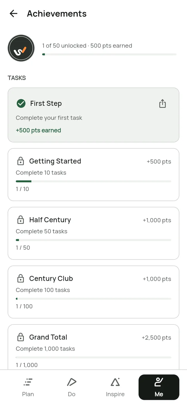 The Achievements screen in Leapsteps. First Step is unlocked; Getting Started, Half Century and Century Club show progress bars.