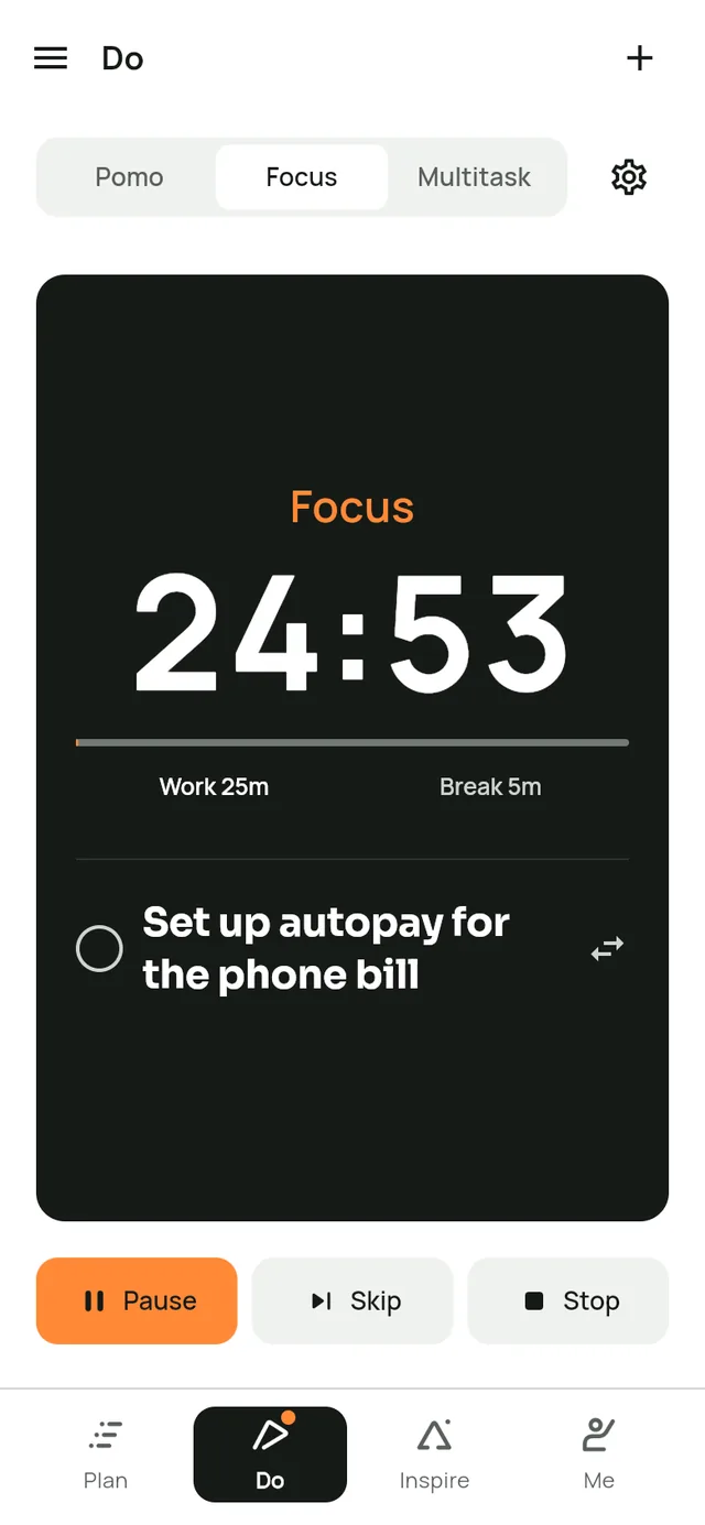 The Do screen in Leapsteps. A 25-minute focus timer is running on the task Set up autopay for the phone bill.