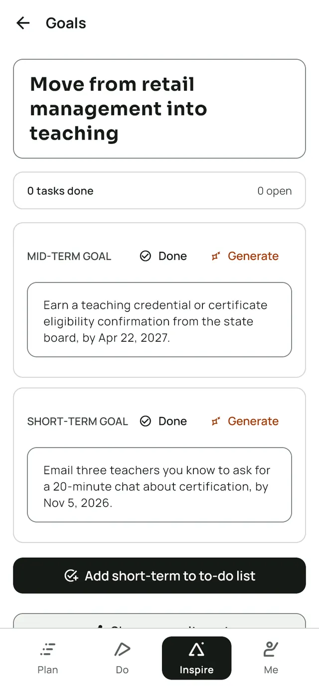 The goal screen in LeapSteps with the AI draft as generated. Long-term goal: Move from retail management into teaching. Mid-term goal: Earn a teaching credential or certificate eligibility confirmation from the state board, by Apr 22, 2027. Short-term goal: Email three teachers you know to ask for a 20-minute chat about certification, by Nov 5, 2026.