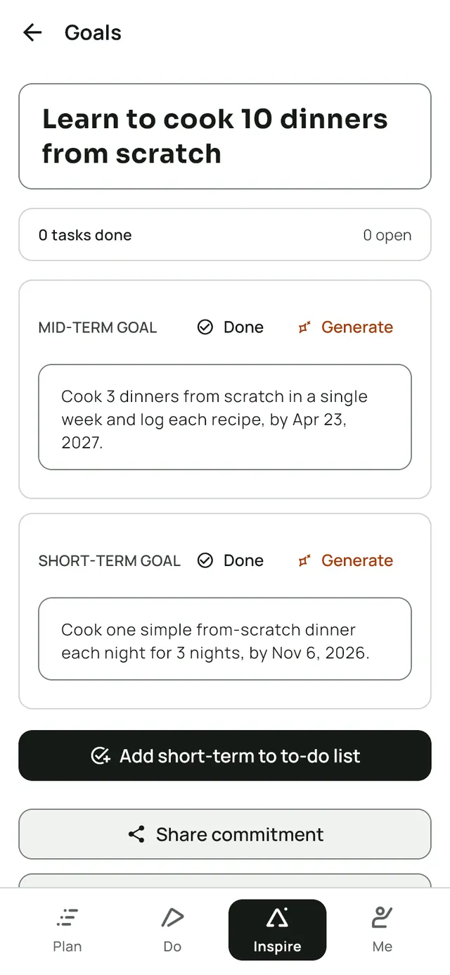 The goal screen in LeapSteps with the AI draft as generated. Long-term goal: Learn to cook 10 dinners from scratch. Mid-term goal: Cook 3 dinners from scratch in a single week and log each recipe, by Apr 23, 2027. Short-term goal: Cook one simple from-scratch dinner each night for 3 nights, by Nov 6, 2026.