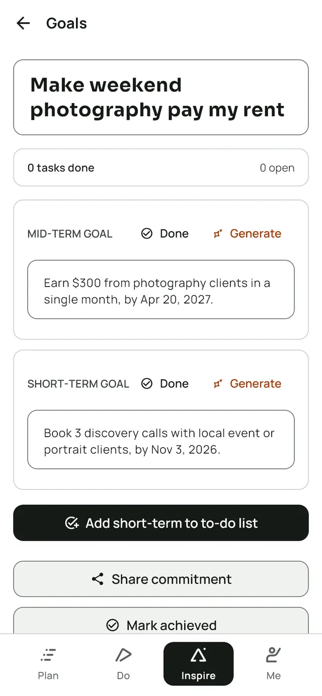 The goal screen in LeapSteps with the AI draft as generated. Long-term goal: Make weekend photography pay my rent. Mid-term goal: Earn $300 from photography clients in a single month, by Apr 20, 2027. Short-term goal: Book 3 discovery calls with local event or portrait clients, by Nov 3, 2026.