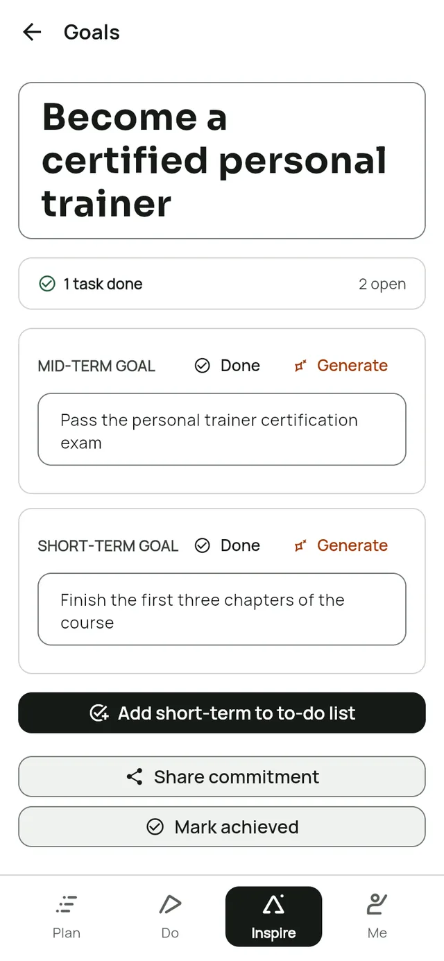 The goal screen in Leapsteps. Long-term goal: Become a certified personal trainer. Mid-term goal: Pass the personal trainer certification exam. Short-term goal: Finish the first three chapters of the course.