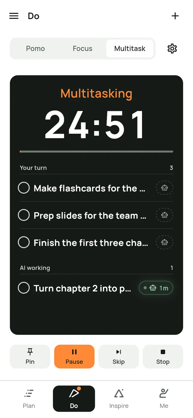 The Do screen in Leapsteps in Multitask mode. Your turn: Make flashcards for the anatomy terms, Prep slides for the team meeting and Finish the first three chapters of the course. AI working: Turn chapter 2 into practice questions, handed over 1 minute ago.