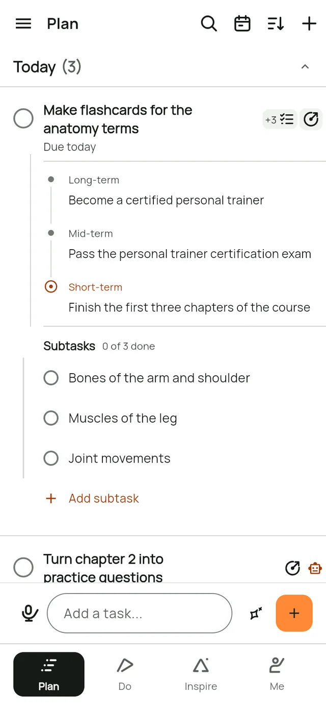 The Plan screen in Leapsteps. The task Make flashcards for the anatomy terms is open: its goal (Become a certified personal trainer, then Pass the personal trainer certification exam, then Finish the first three chapters of the course) and its three subtasks show under it. Turn chapter 2 into practice questions has a robot icon because an AI is working on it.