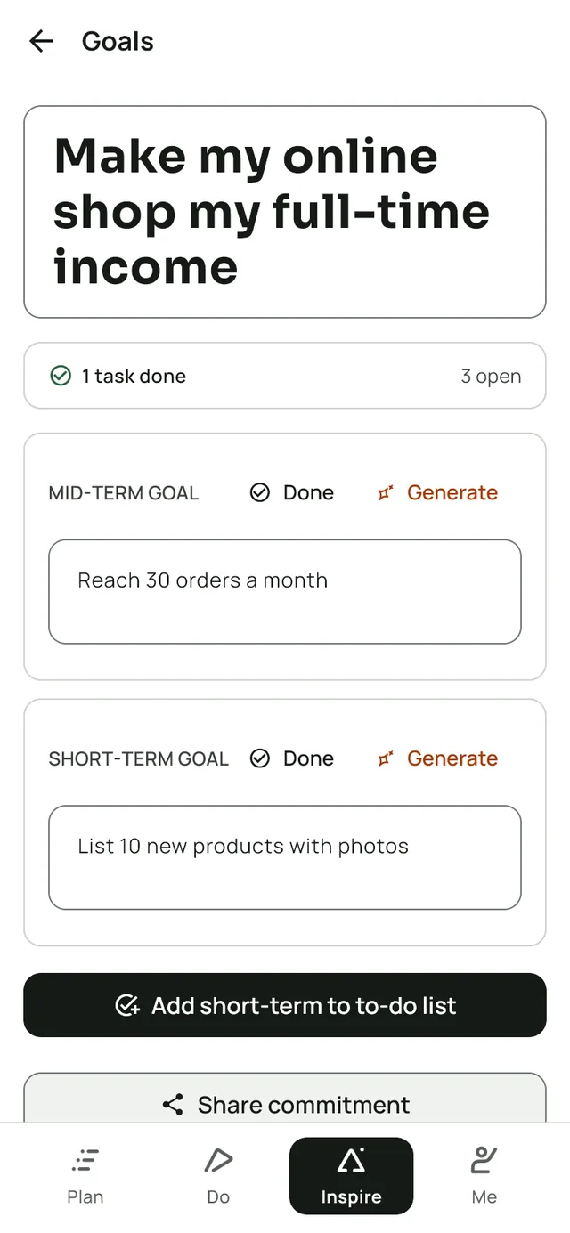 The goal screen in LeapSteps. Long-term goal: Make my online shop my full-time income. Mid-term goal: Reach 30 orders a month. Short-term goal: List 10 new products with photos.