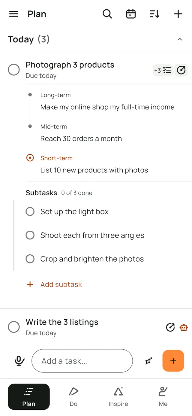 The Plan screen in LeapSteps. The task Photograph 3 products is open: its goal (Make my online shop my full-time income, then Reach 30 orders a month, then List 10 new products with photos) and its three subtasks show under it. Write the 3 listings has a robot icon because an AI is working on it.