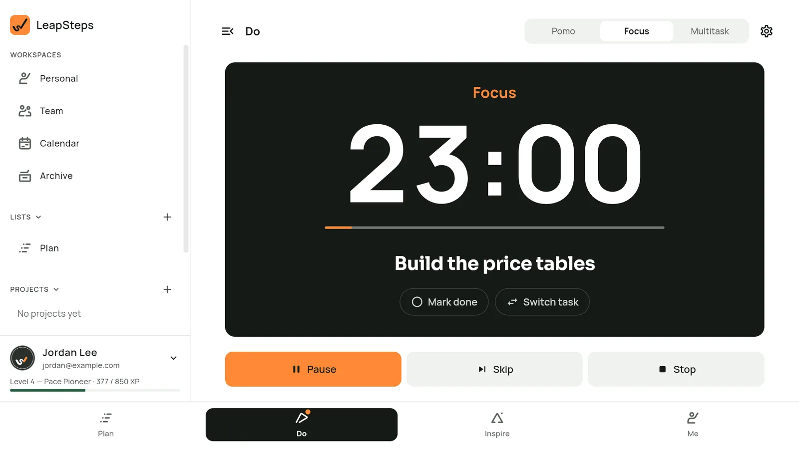 LeapSteps on Windows: the Focus timer at 23:00 on the task Build the price tables.