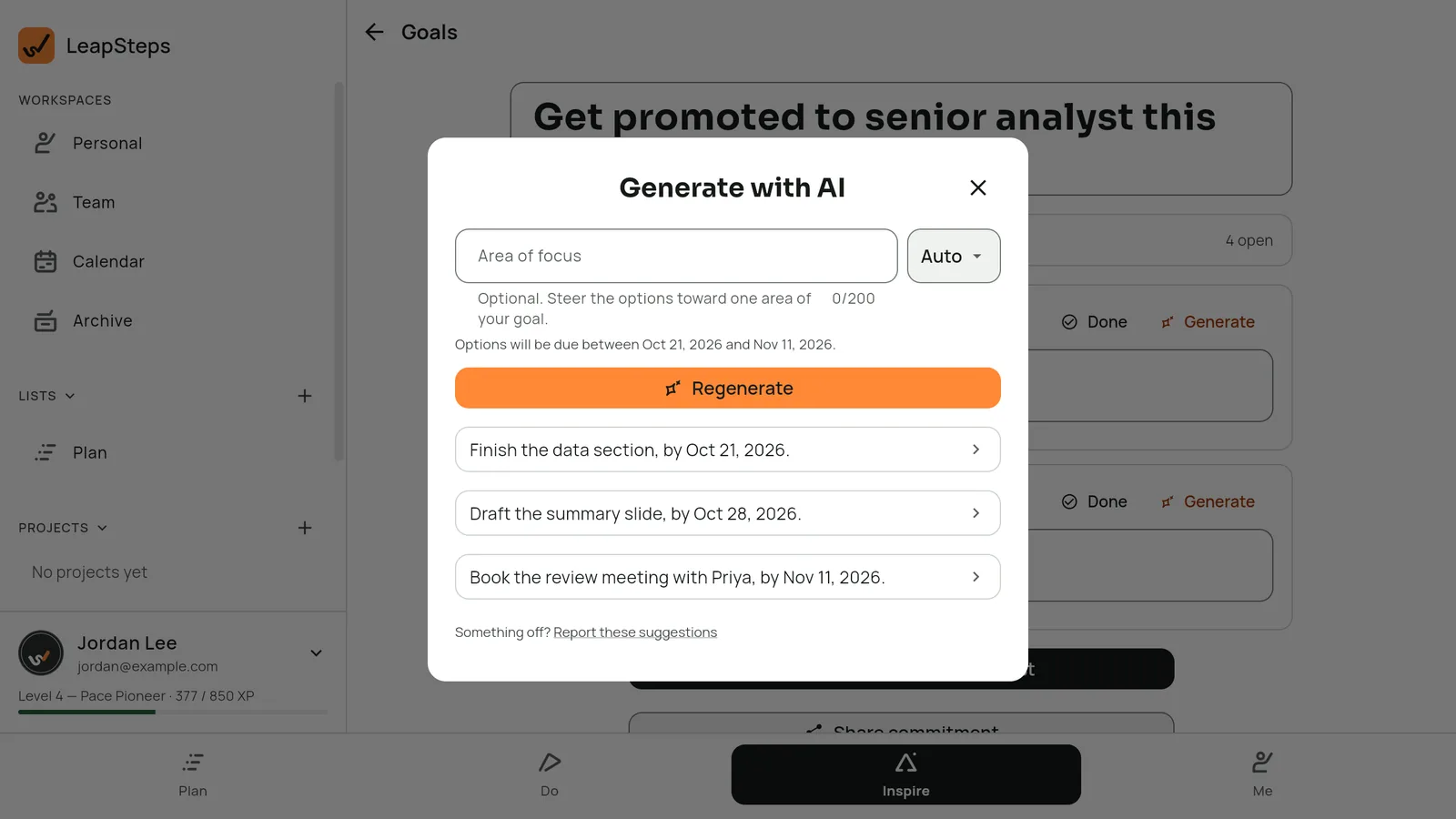LeapSteps on Windows: the goal Get promoted to senior analyst this year, with the Generate with AI dialog offering three dated steps for this week.