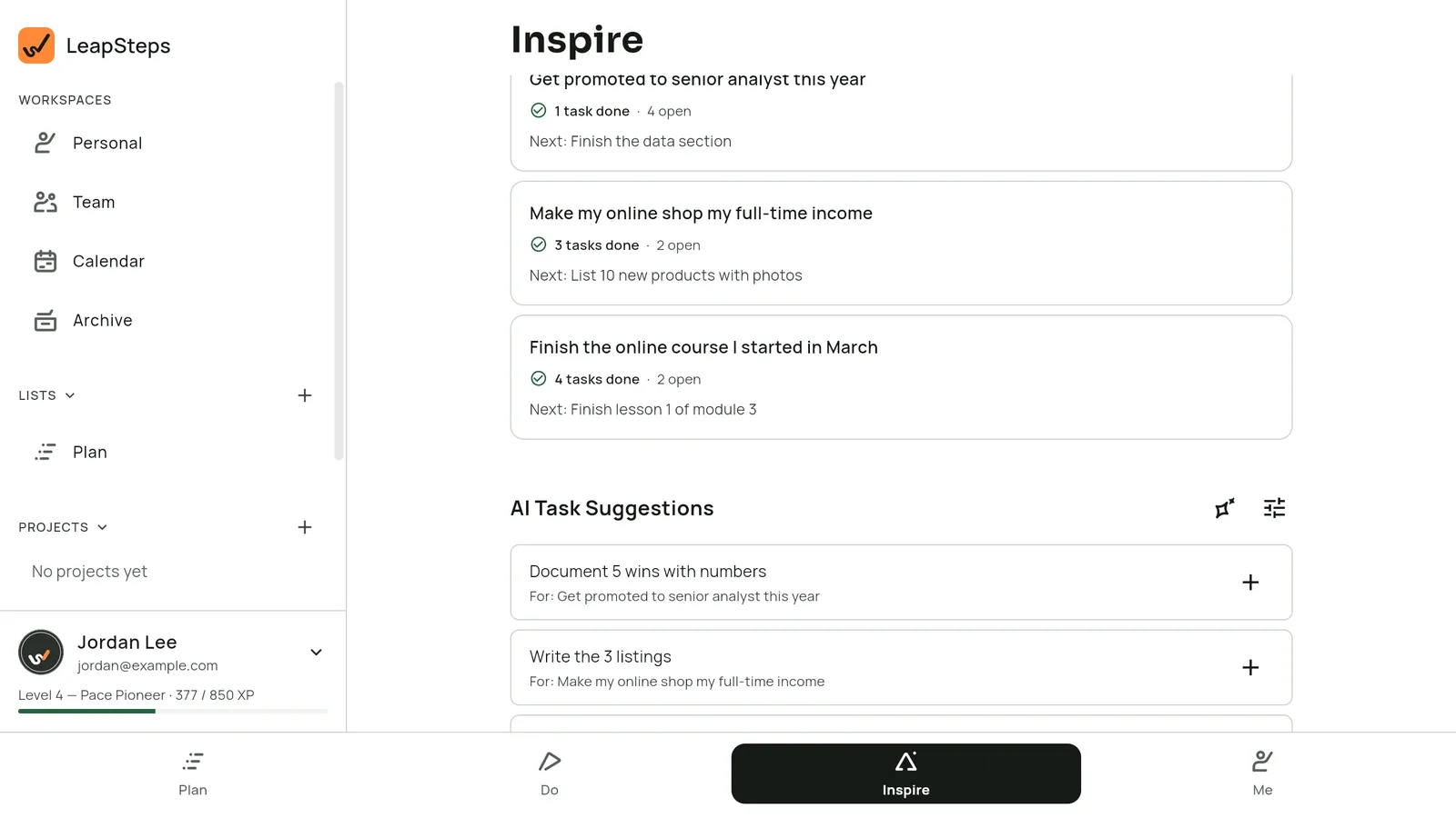 LeapSteps on Windows: Inspire lists three goals, each with its next step, above AI task suggestions tied to them.