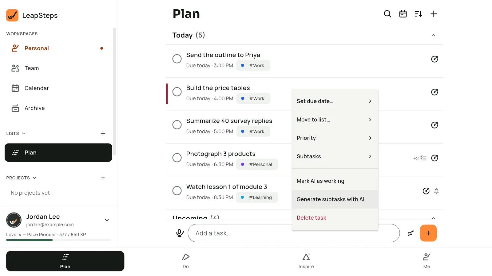 LeapSteps on Windows: today's Plan list, with the right-click menu open on the task Build the price tables and Generate subtasks with AI highlighted.