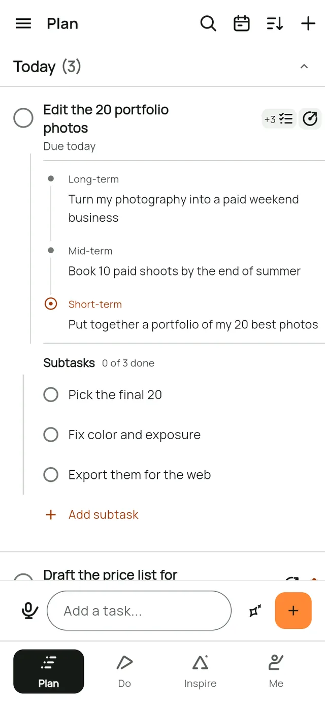 The Plan screen in Leapsteps. The task Edit the 20 portfolio photos is open: its goal (Turn my photography into a paid weekend business, then Book 10 paid shoots by the end of summer, then Put together a portfolio of my 20 best photos) and its three subtasks show under it. Draft the price list for three packages has a robot icon because an AI is working on it.