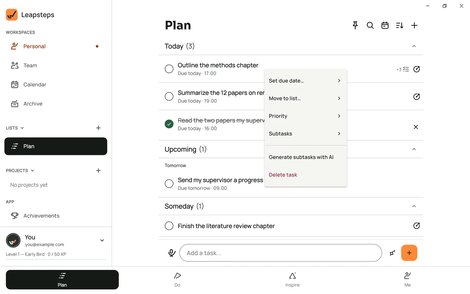Leapsteps on Windows: the menu that opens when you right-click a task, with due date, list, priority, subtasks and delete.