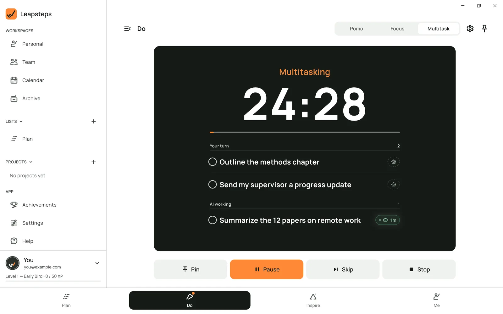 Leapsteps on Windows in Multitask mode. Your turn: Outline the methods chapter, Send my supervisor a progress update and Finish the literature review chapter. AI working: Summarize the 12 papers on remote work, handed over 1 minute ago.