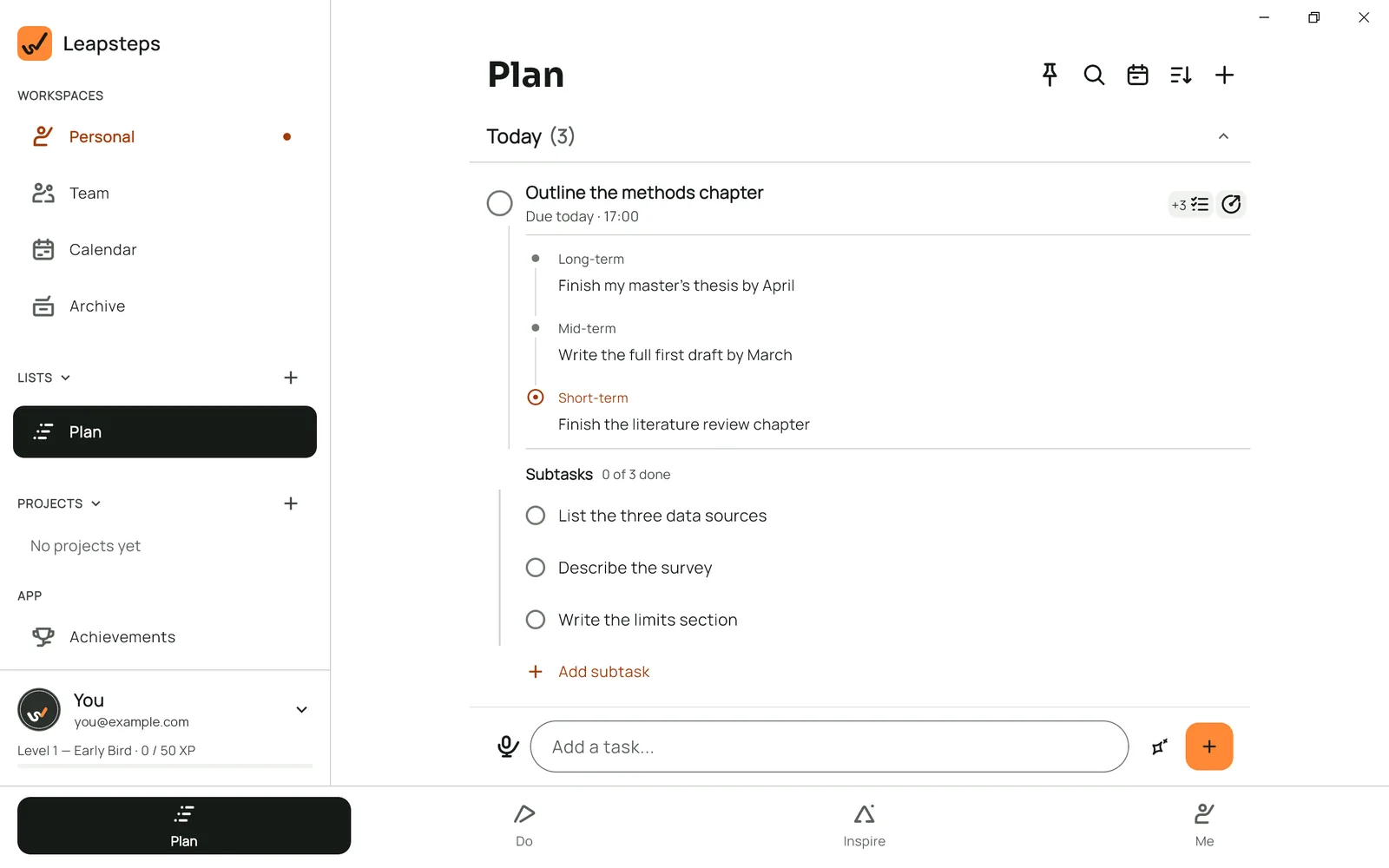 Leapsteps on Windows: the Plan list with the task Outline the methods chapter open. Its goal (Finish my master's thesis by April, then Write the full first draft by March, then Finish the literature review chapter) and its three subtasks show under it. Summarize the 12 papers on remote work has a robot icon because an AI is working on it.