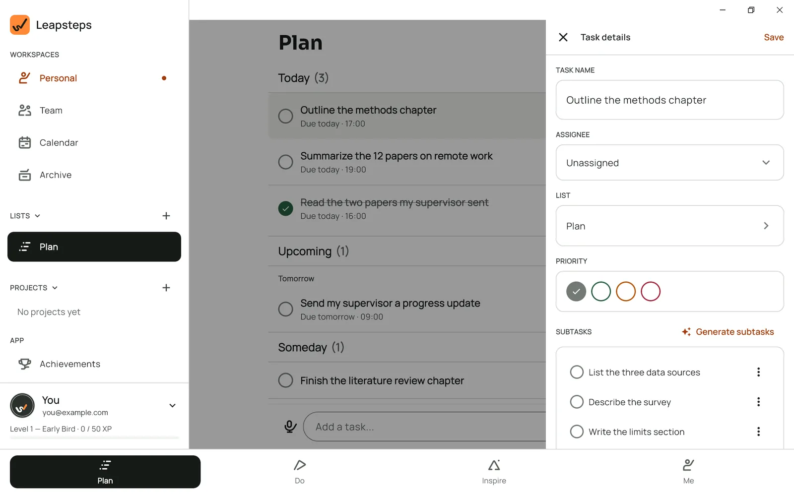 Leapsteps on Windows: the sidebar, the Plan list and the details of the task Outline the methods chapter side by side.